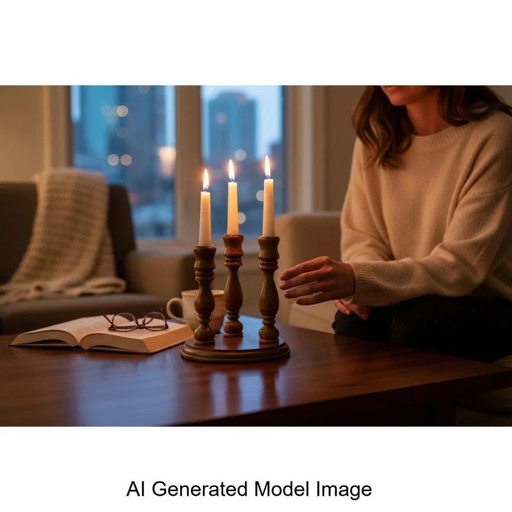 Vintage Wood Triple Taper Candle Holder Tiered‎ Candelabra Brown Brass Accents